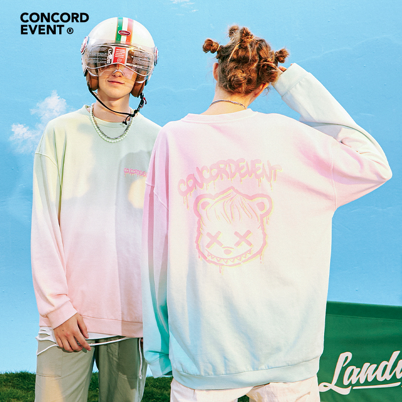CONCORDEVENT春季情侣装扎染渐变色卫衣男国潮牌小熊印花宽松上衣