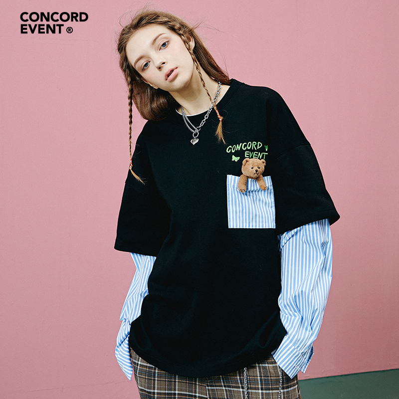CONCORDEVENT春秋情侣装国潮牌假两件ins秋潮牌拼接秋装小熊卫衣