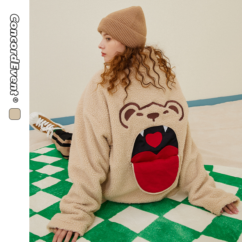 CONCORDEVENT小熊仿羊羔绒夹克秋冬摇粒绒外套男2021新款情侣装