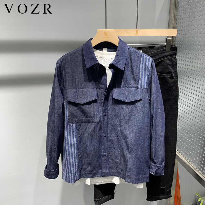VOZR日系休闲宽松棉麻长袖衬衫男2022春秋季新款牛仔条纹衬衣外套