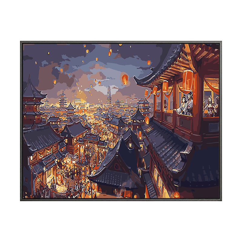 数字油画diy风景唯美古风夜景孔明灯手绘填充涂色油彩画 华灯初上