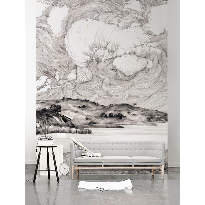 北欧风格墙纸黑白素描抽象风景壁纸手绘电视背景墙定制壁画