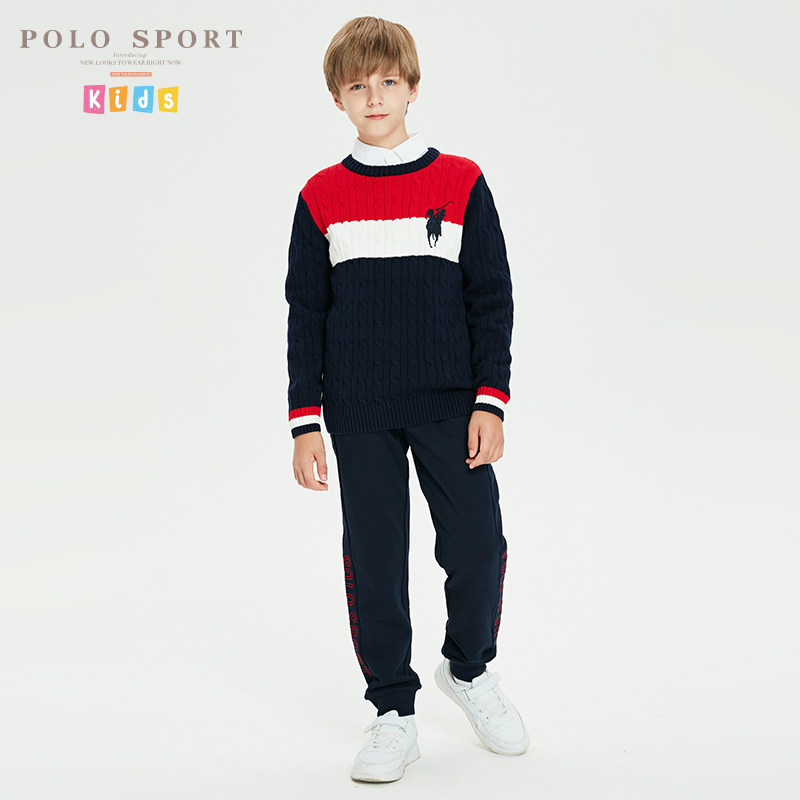 polosport童装男童针织衫2021秋装新品纯棉时尚拼色条纹套头上衣