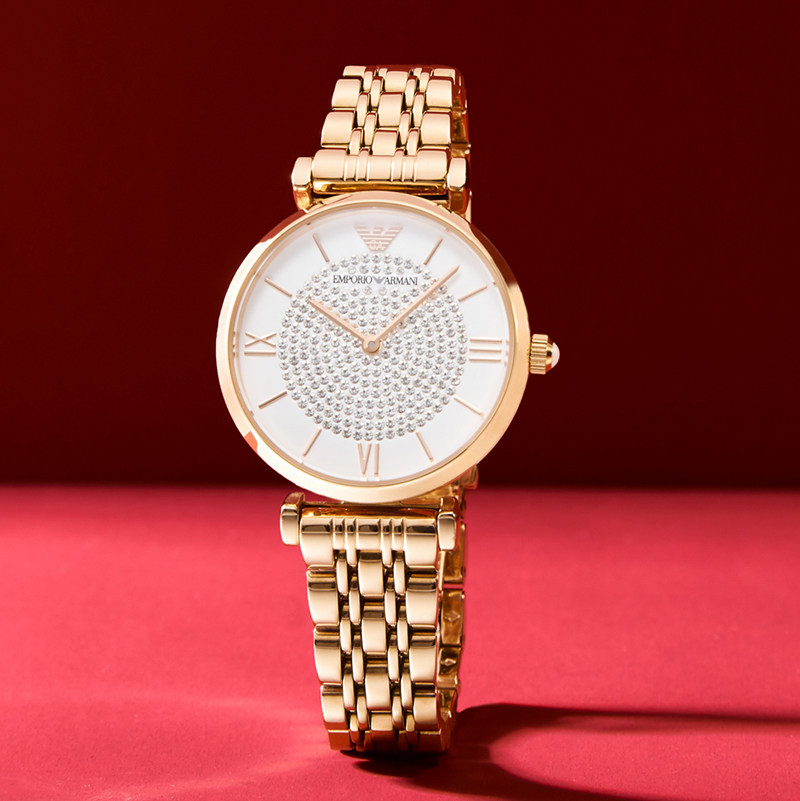 emporio armani阿玛尼手表女 满天星镶钻玫瑰金女士腕表ar11244