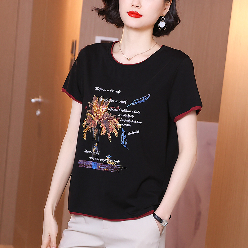 中年胖妈妈大码宽松纯棉短袖t恤女2022夏装季新薄款上衣黑色体t桖
