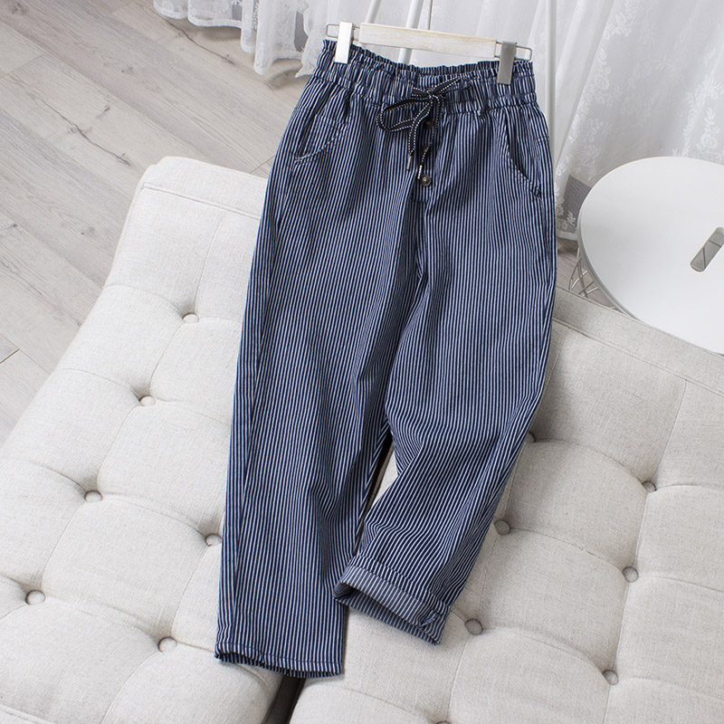 梓兰朵2022春装新款韩版时尚休闲条纹牛仔裤女弹力牛仔直筒哈伦裤