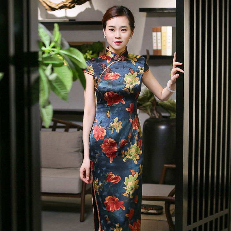 桑蚕蚕丝真丝旗袍秀走高端演出服长款宴会礼服旗袍