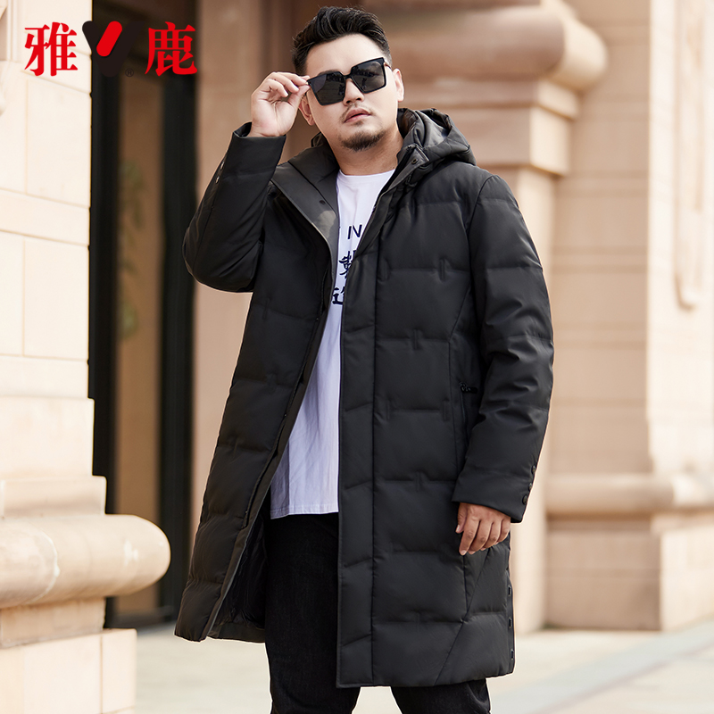雅鹿大码男装黑色过膝长款羽绒服加肥加大爸爸装胖子肥佬冬季外套
