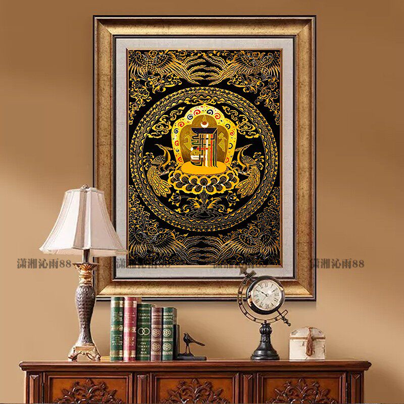 中国十相自在黑金唐卡佛堂玄关吉祥竖版挂画十字绣套件