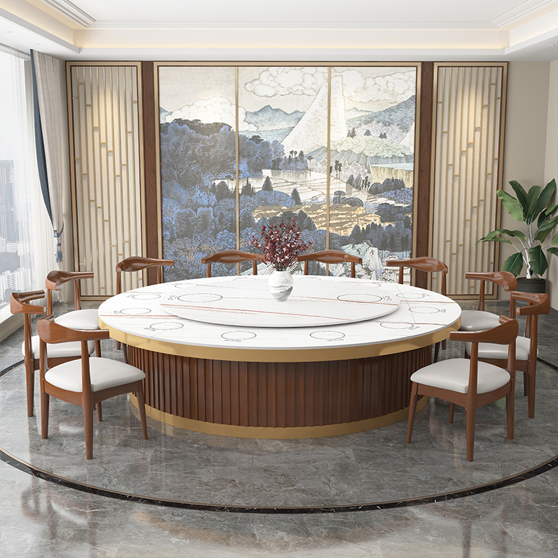 酒店实木电动岩板大圆桌子会所饭店自动火锅桌餐厅包厢餐桌椅组合