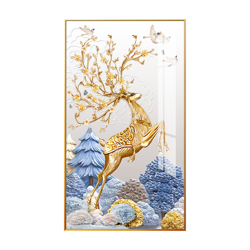北欧进门玄关装饰画招财风水挂画客厅走廊过道门口墙壁画发财鹿竖