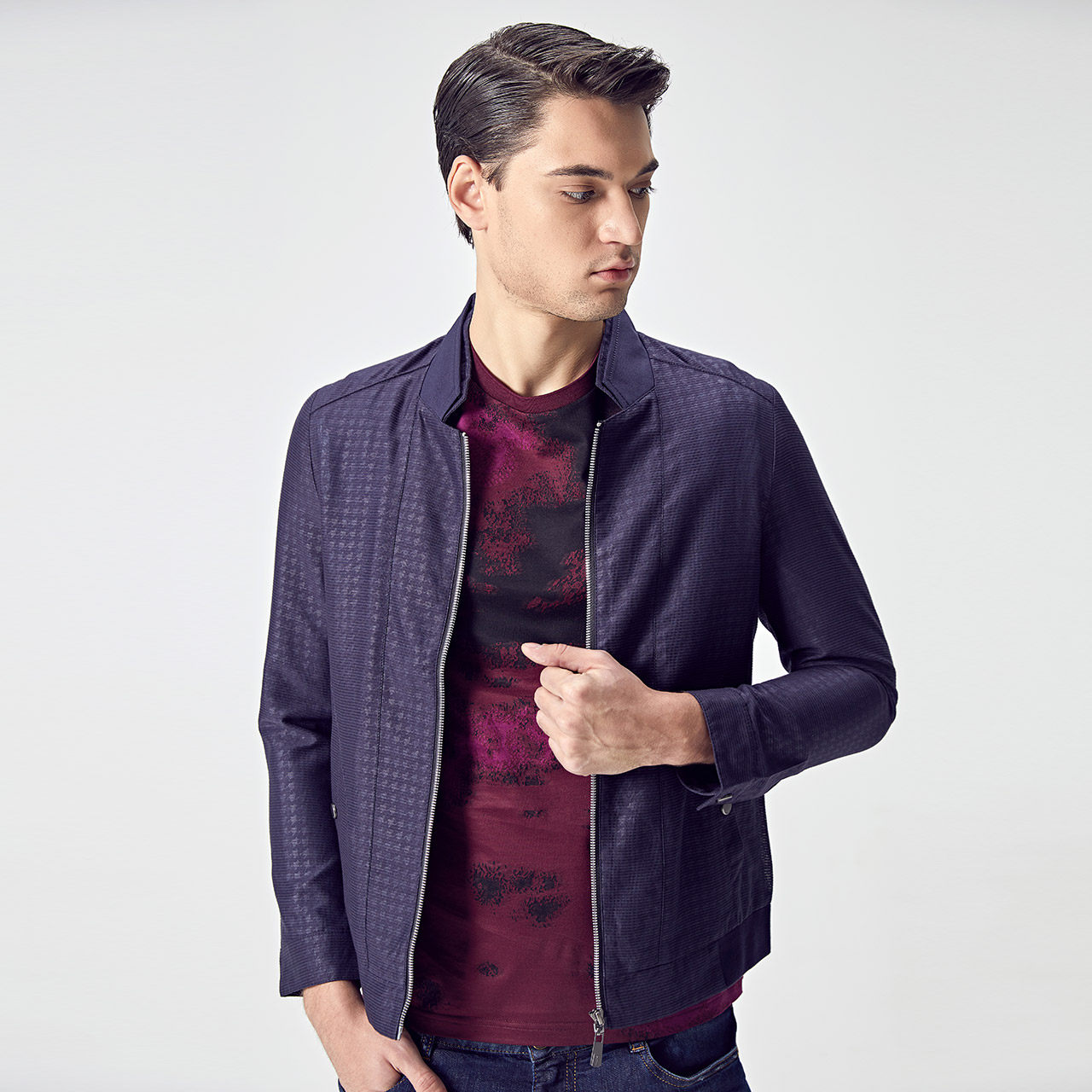 didiboy迪迪博迩男装 春秋男士深蓝色时尚休闲长袖立领茄克外套男