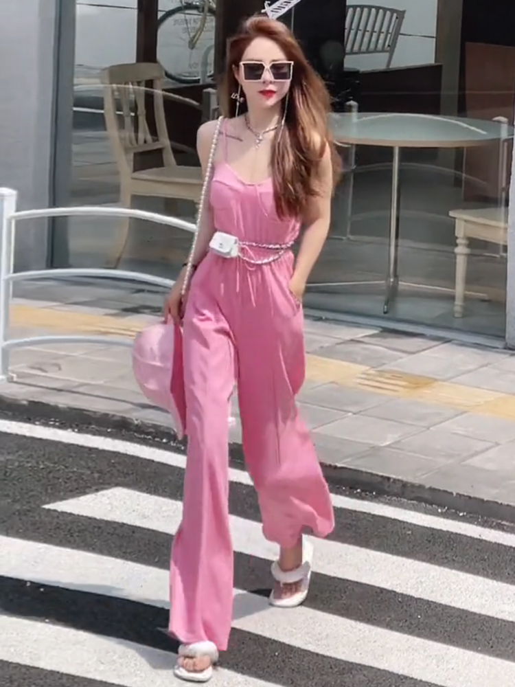 夏季粉色阔腿连体裤套装气质女神范吊带连衣裙2022新款女装高级感