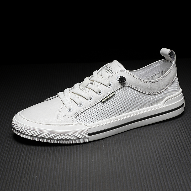 夏季透气小白鞋男薄款2022新款网面百搭白色头层牛皮真皮休闲板鞋