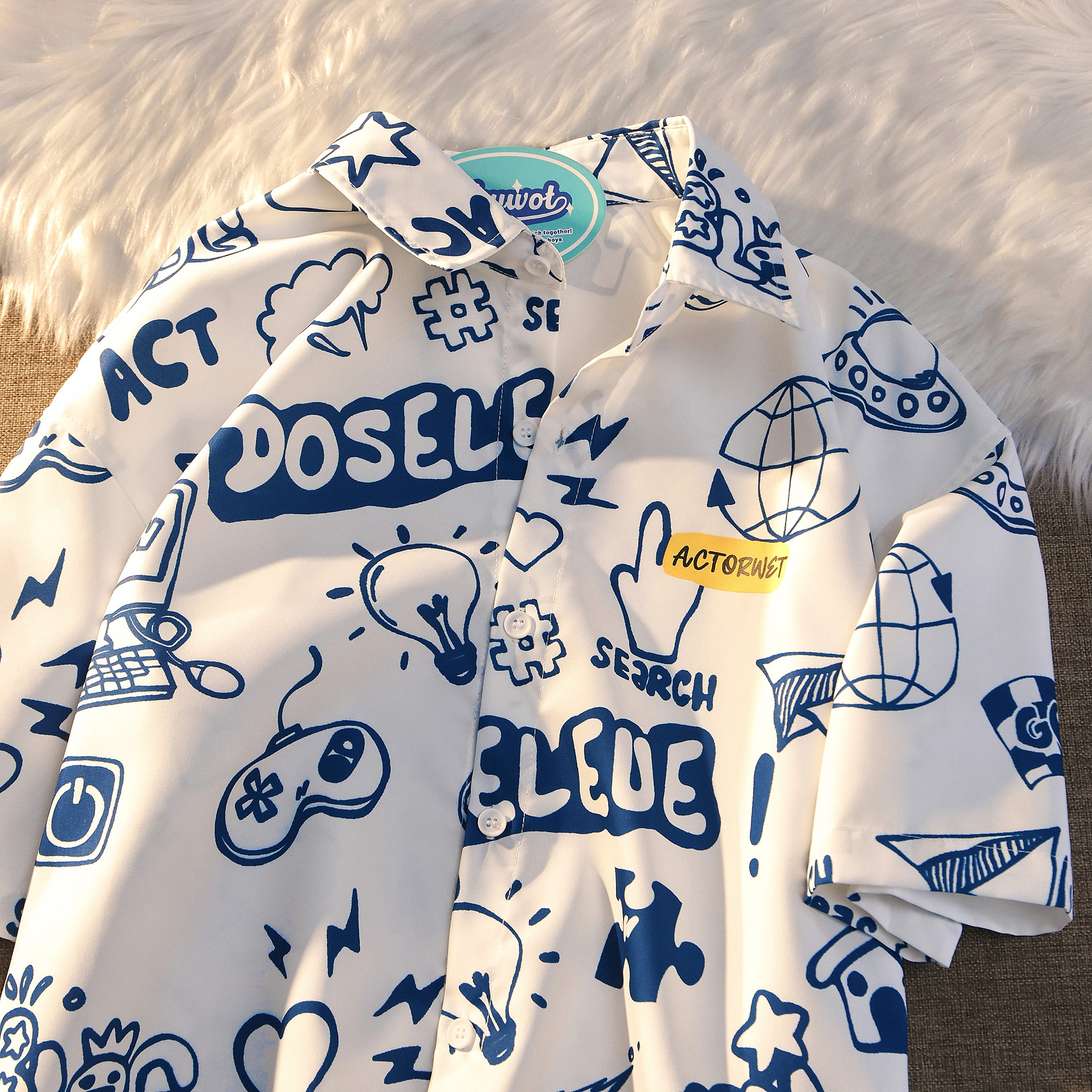 WEYWOT 美式满印设计感小众衬衫男女2022宽松学院风情侣款短袖ins