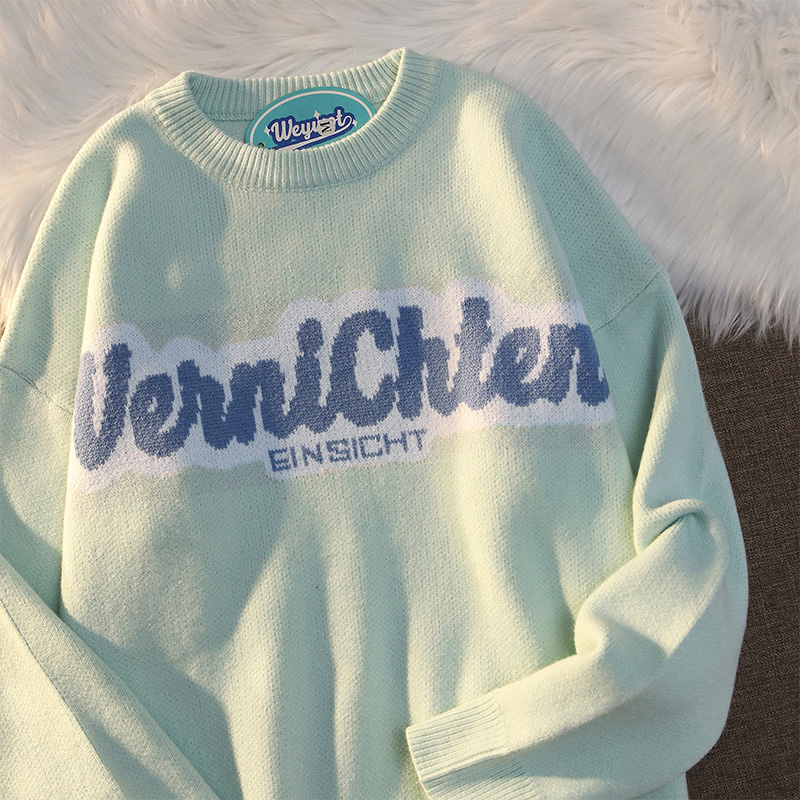 WEYWOT软奶蓝早秋新款毛衣日系简约小众宽松慵懒风情侣针织衫外套