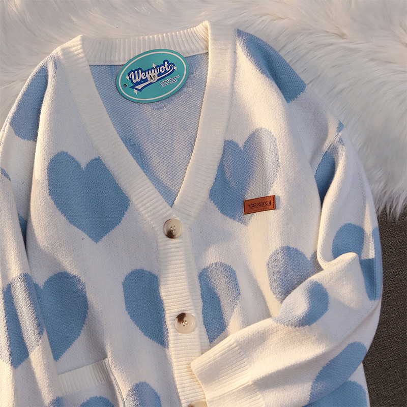 WEYWOT 盐系甜酷复古爱心开衫毛衣日系慵懒风宽松情侣针织衫外套