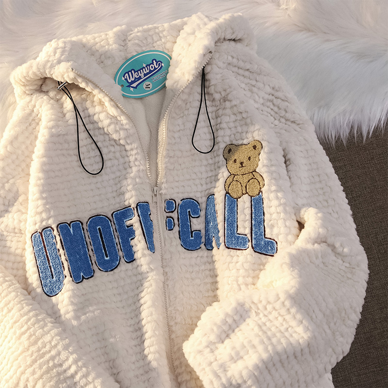 WEYWOT 盐系小熊羊羔毛棉衣冬季新款设计感小众加绒情侣棉服外套