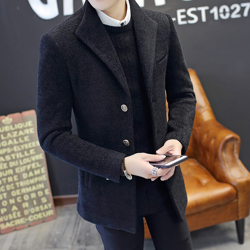 冬季风衣男短款修身韩版潮流加厚春秋男士毛呢外套英伦呢子大衣男