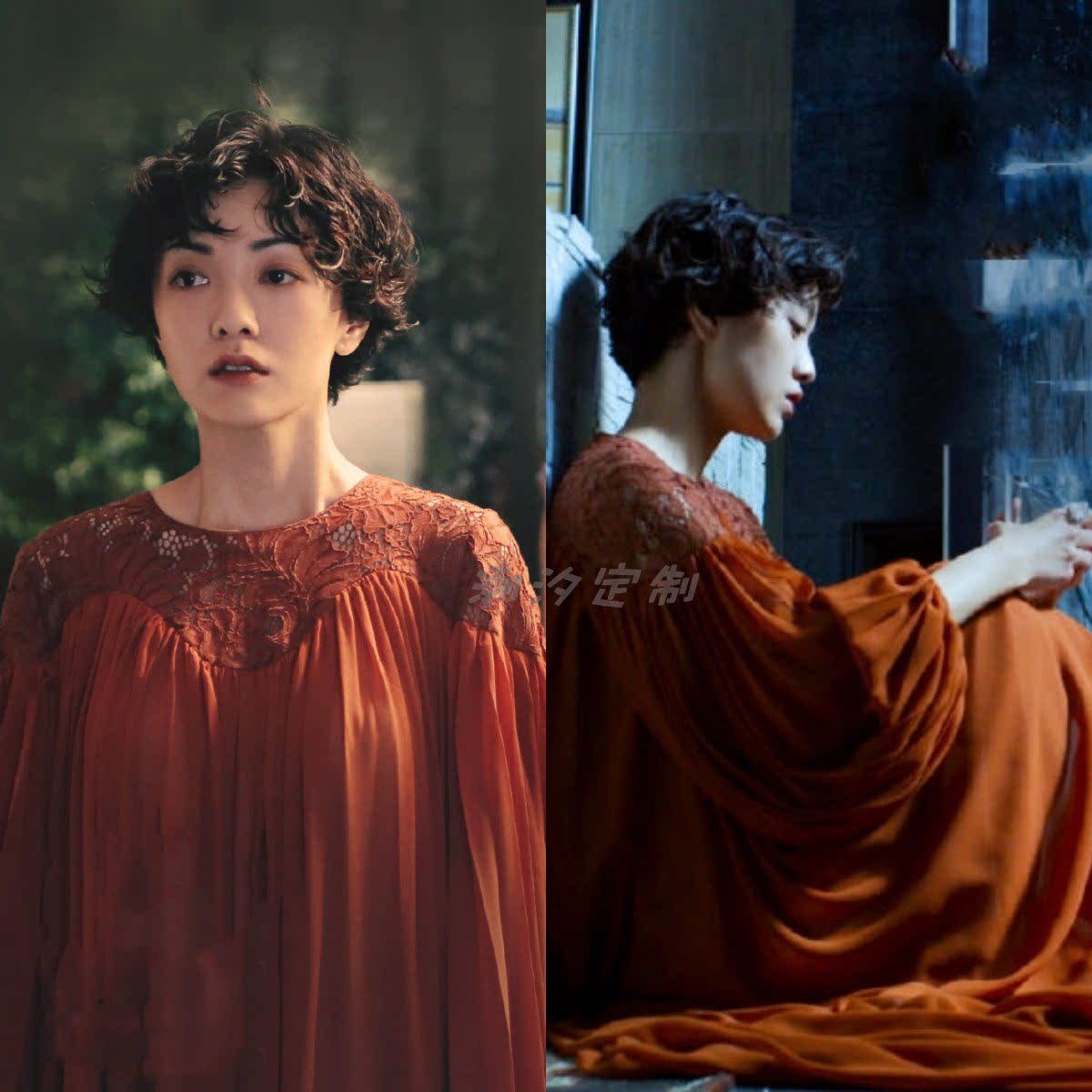 姜喜宝连衣裙拼接蕾丝泡泡长款圆领时尚气质同款连衣裙