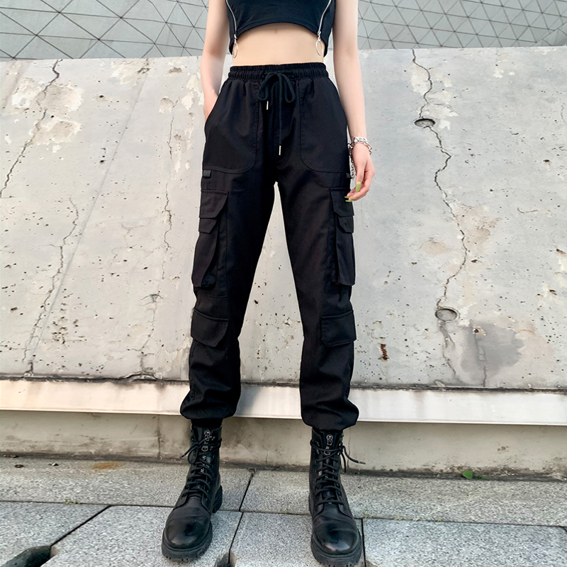 黑色工装裤女夏薄款高腰显瘦束脚大码春秋休闲运动裤子嘻哈潮ins