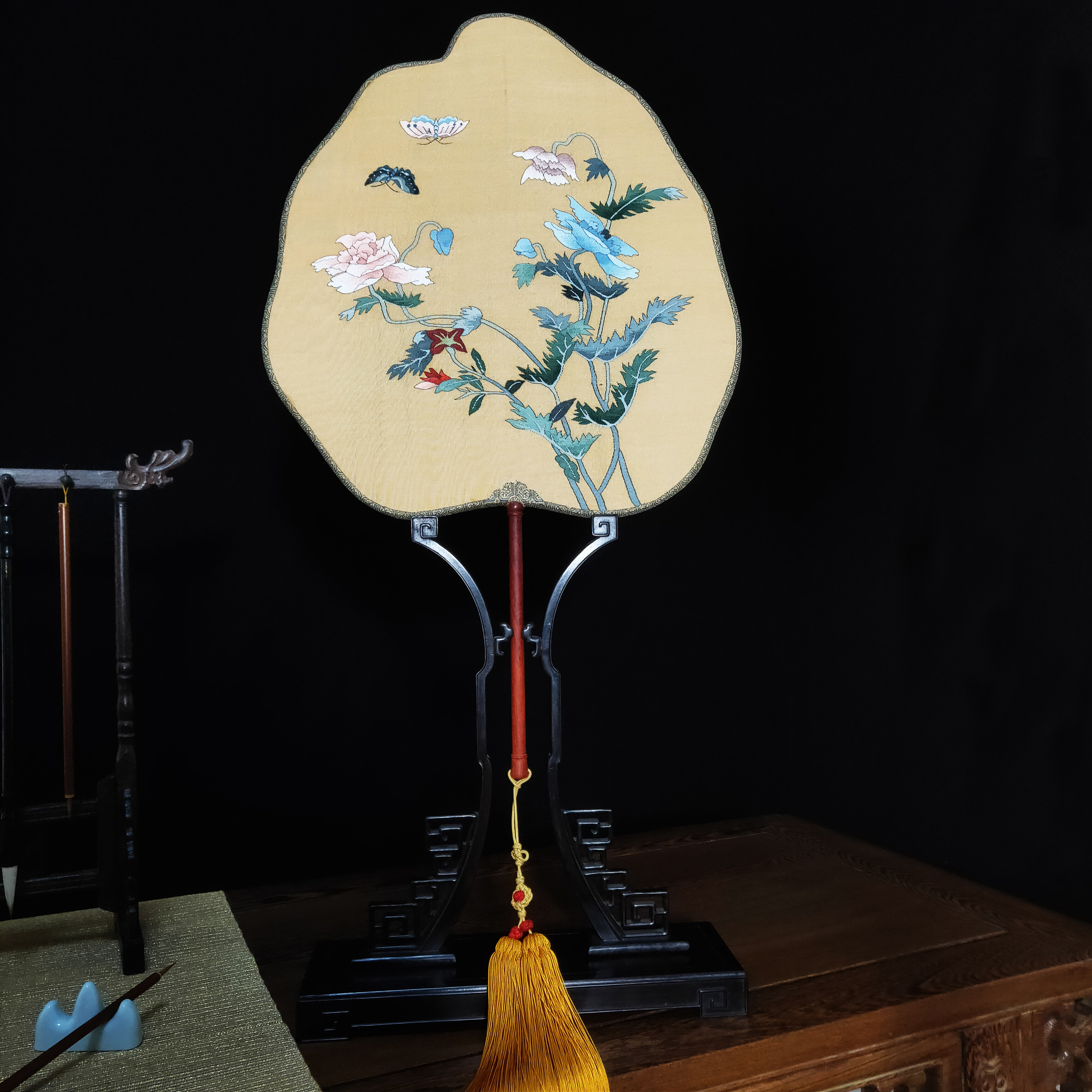 缂丝捻金团扇苏绣湘妃竹空白绘画旗袍汉服配饰扇子