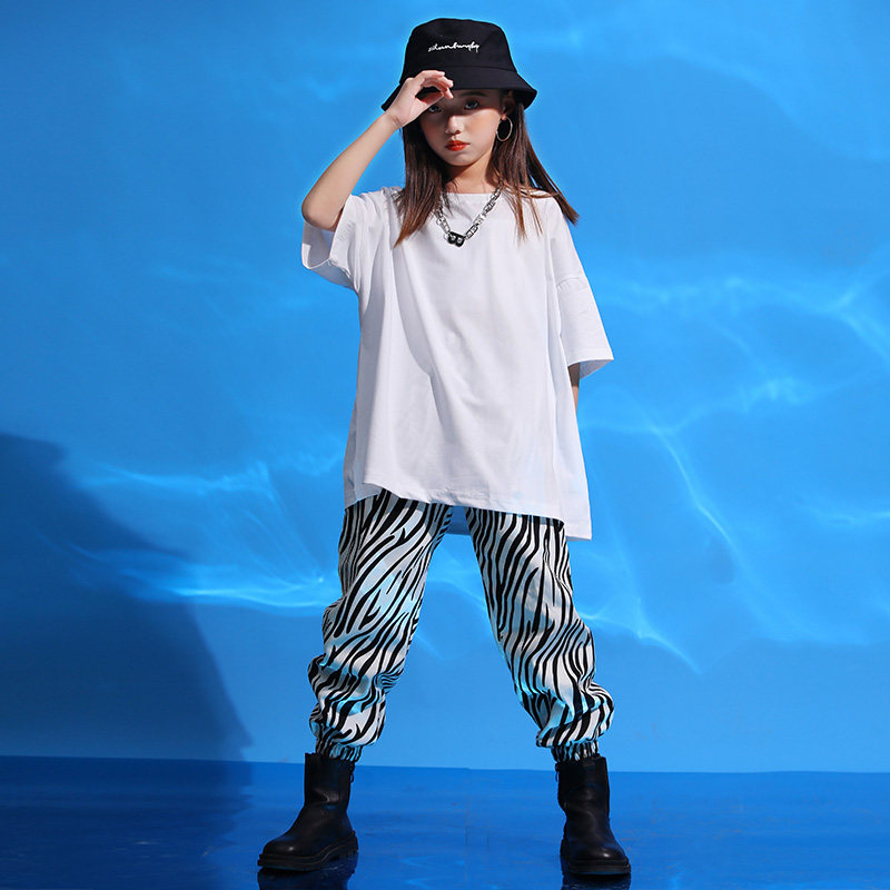 街舞服纯白黑定制印字印花logo男童嘻哈宽松儿童演出服