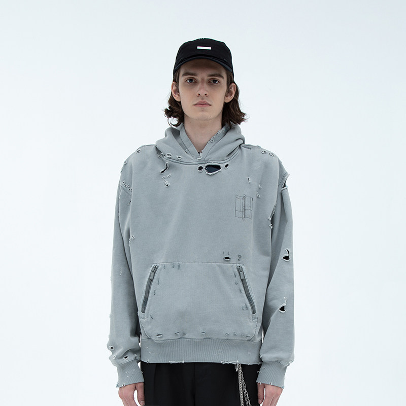 c2h4hoodie成衣水洗破坏反做袋鼠口袋印花卫衣卫衣