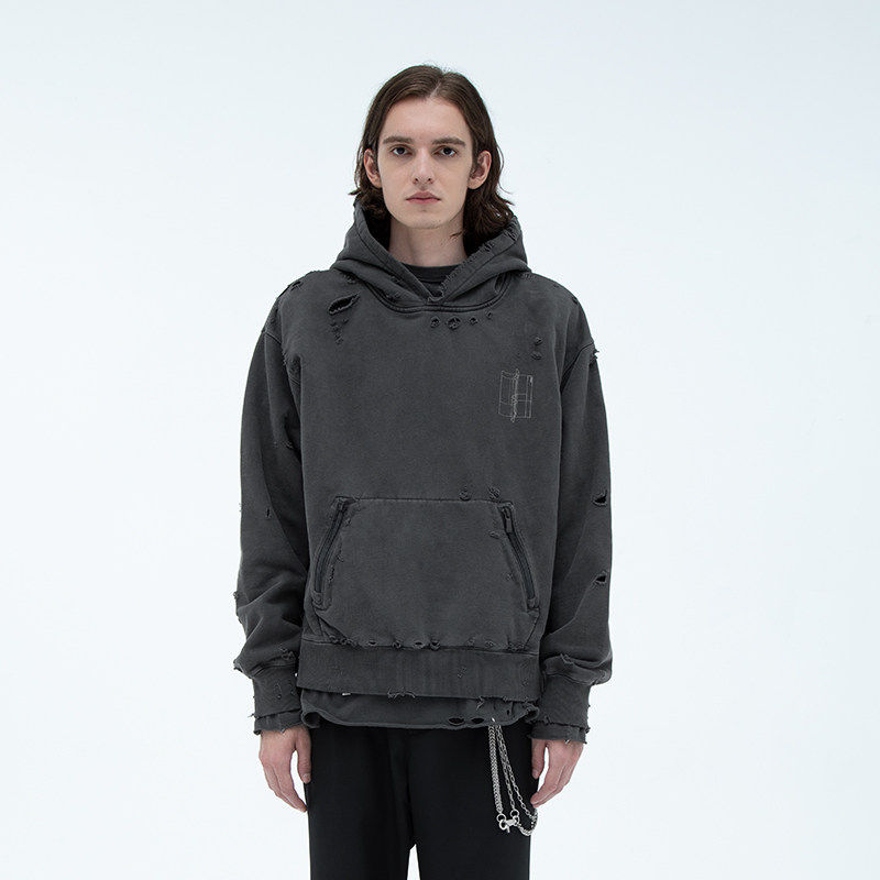 c2h4hoodie成衣水洗破坏反做袋鼠口袋印花卫衣卫衣