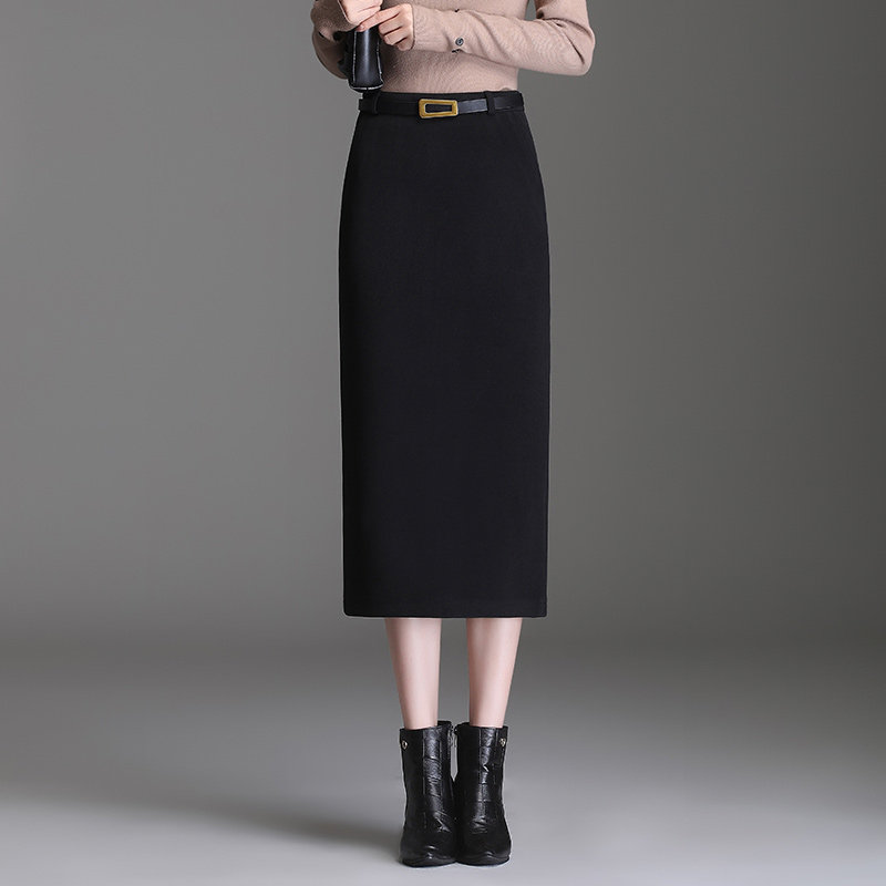 韩版通勤毛呢半身裙女2021秋冬季新款高腰修身显瘦一步开叉包臀裙