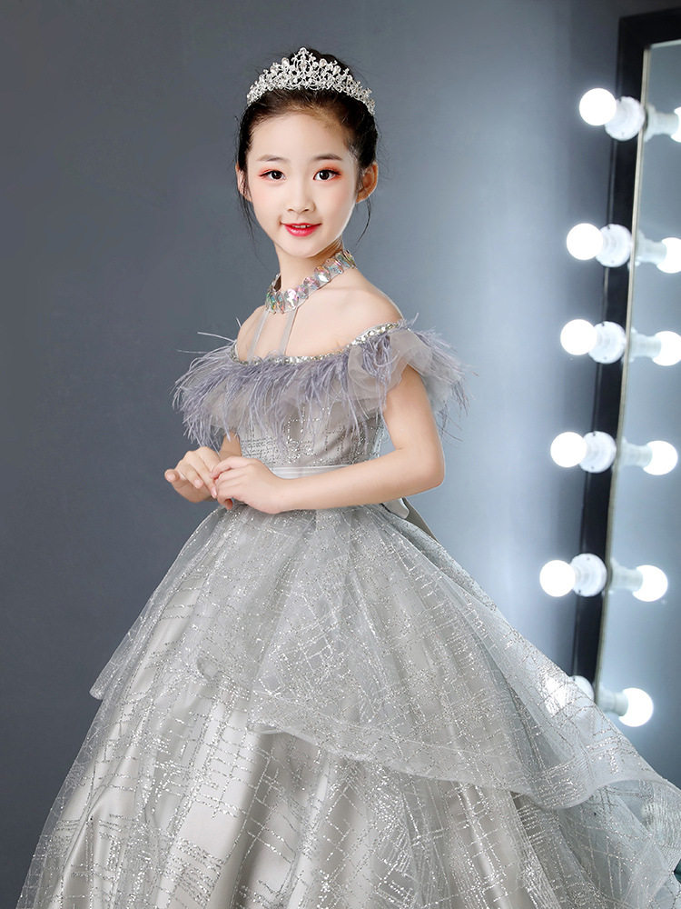 儿童公主夏季新款女童一字蓬蓬模特走秀演出服套装