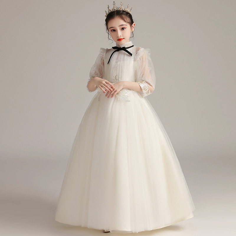 女童晚礼服长袖花童婚礼小女孩蓬纱儿童主持人走秀套装