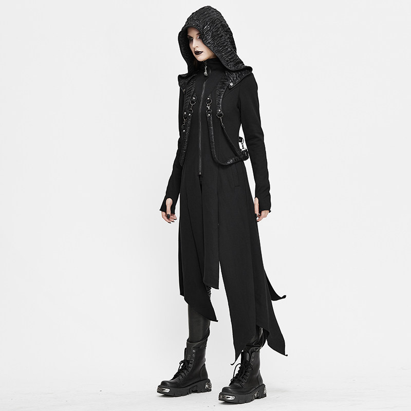 赛博朋克女式连帽外套秋冬中长风衣暗黑哥特风衣