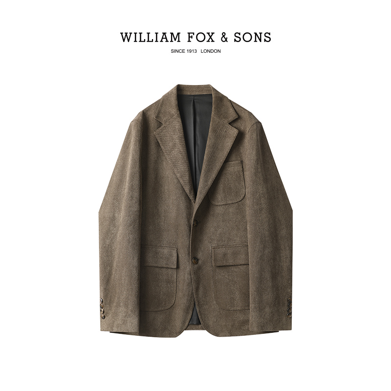 威廉福克斯男装复古仿麂皮休闲西服男宽松男士条纹商务小西装外套