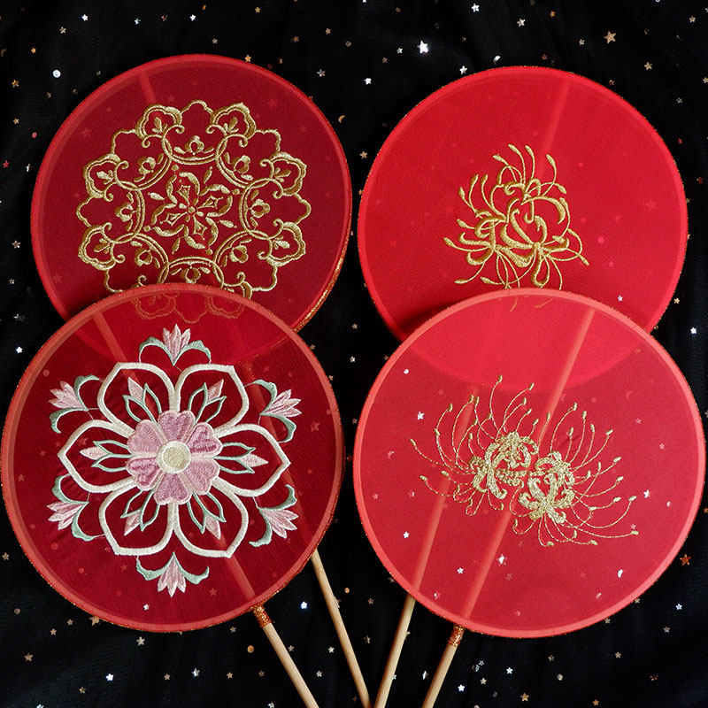 宫廷红色古风团扇汉服刺绣长柄中式婚礼新娘工艺扇