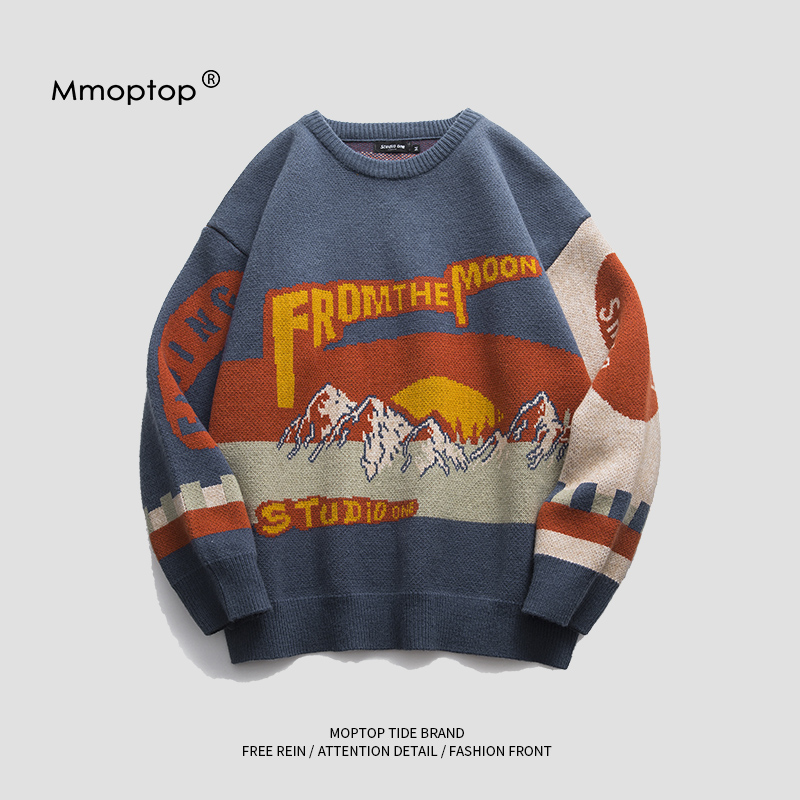 秋冬毛衣男加厚针织衫宽松软糯韩版潮流情侣款印花打底衫慵懒风