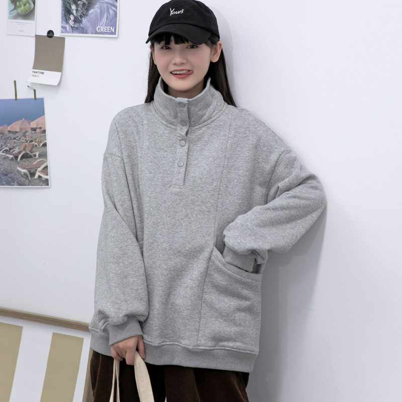 高领加绒卫衣女秋季学院风设计感大口袋宽松休闲上衣卫衣/绒衫