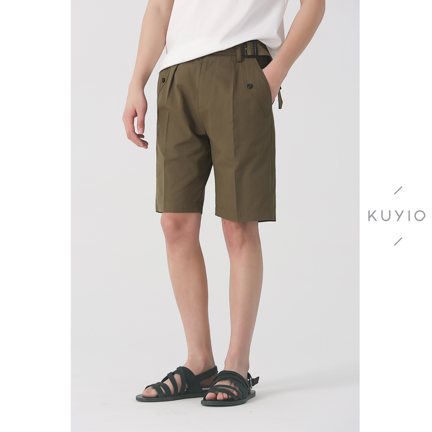 KUYIOU/设计师款 可调节那不勒斯抽腰磨毛廓形宽适西装五分短裤男