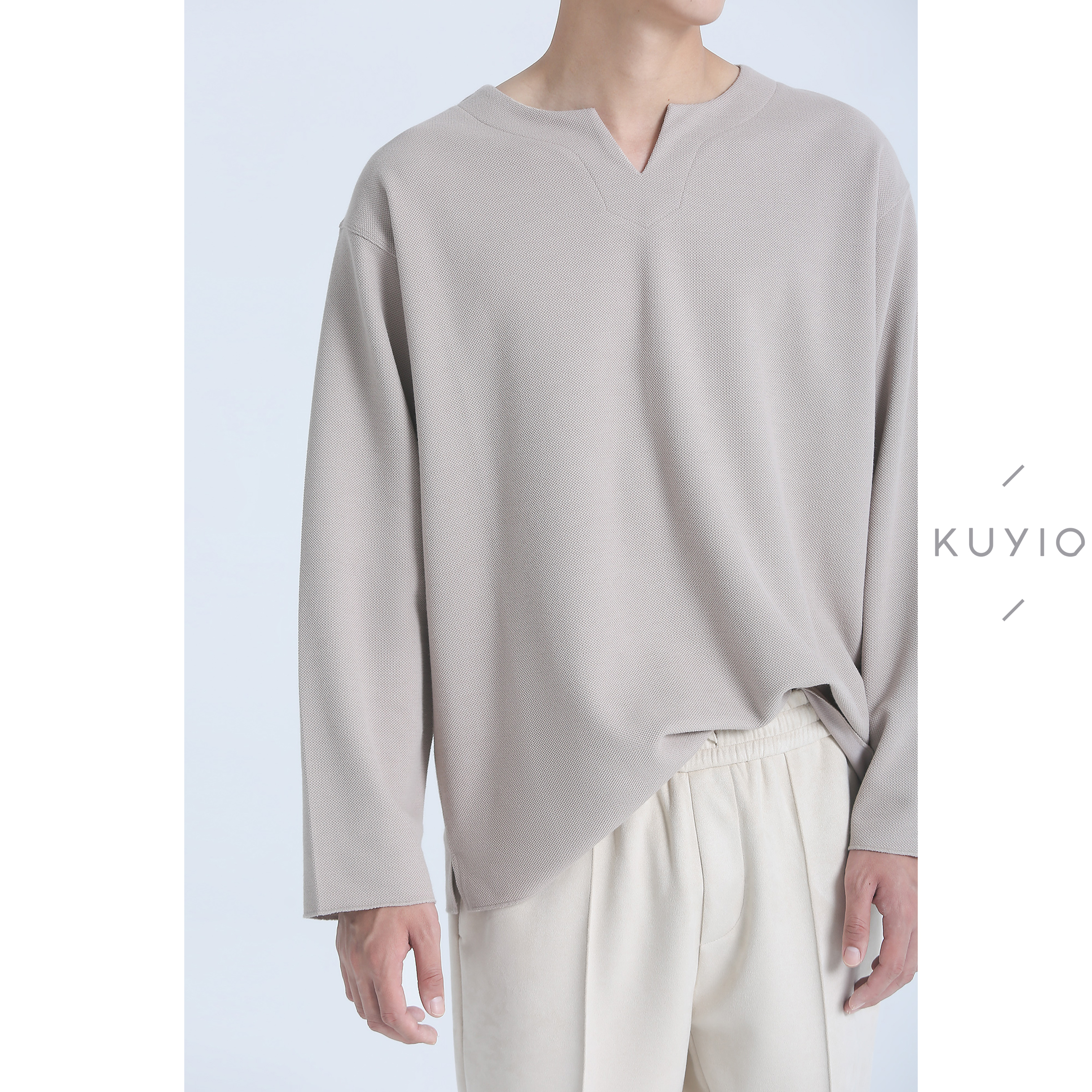 KUYIOU/设计师款 珠地网眼Y型道袍圆领立裁宽松韩版小众长袖T恤男