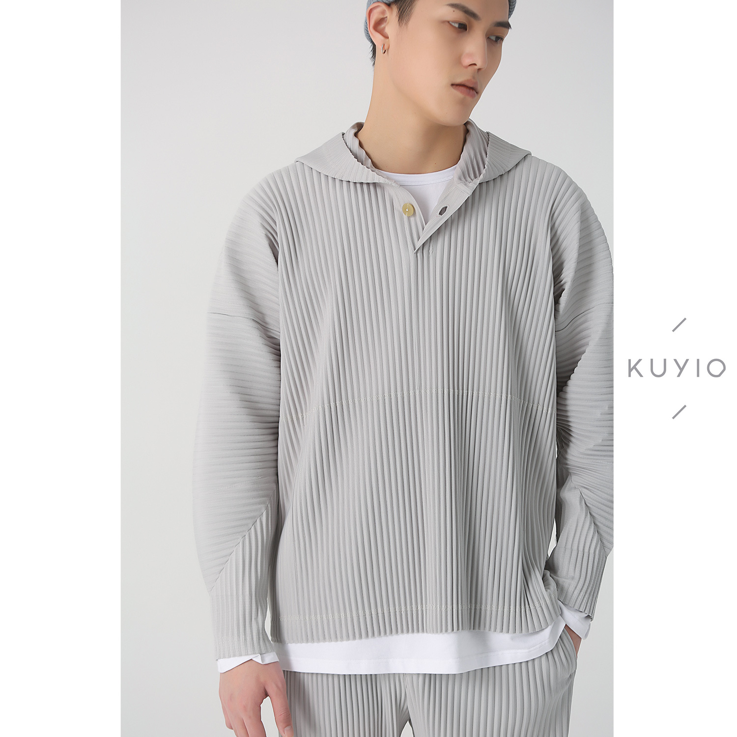 KUYIOU/一生褶 手工三次压褶皱宅男士廓形简约连帽套衫卫衣JK110