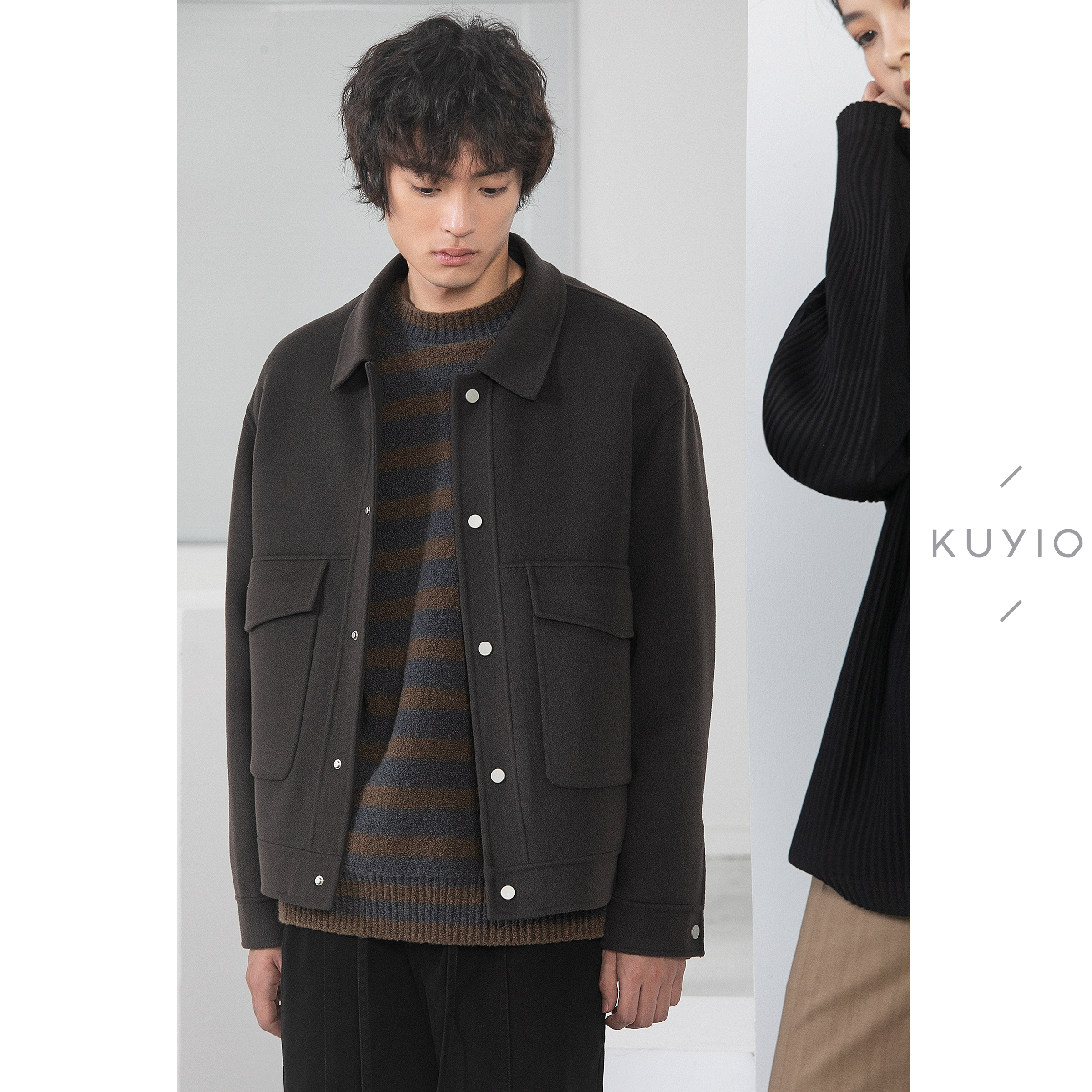 KUYIOU/可脱卸羽绒服内胆 羊毛手工双面呢加厚短款毛呢夹克外套男