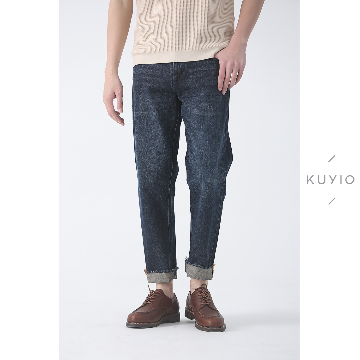 KUYIOU/设计师款 复古水洗毛边裤口直筒红边赤耳丹宁九分牛仔裤男