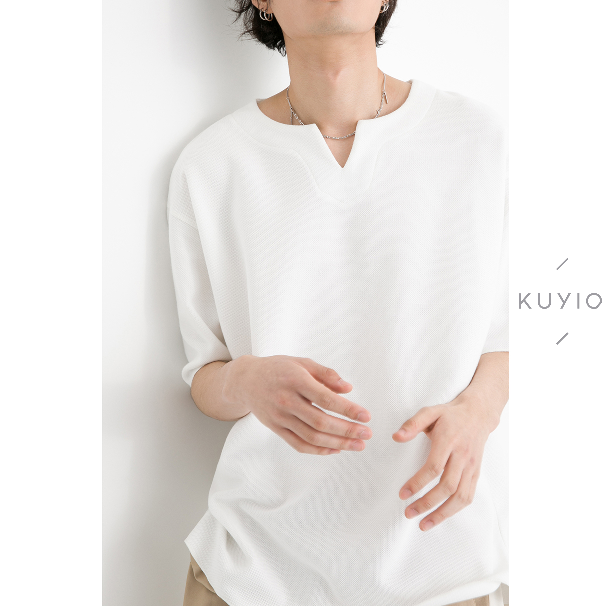 KUYIOU/设计师款 亲肤珠地网眼Y型道袍圆领落肩立裁宽松短袖T恤男