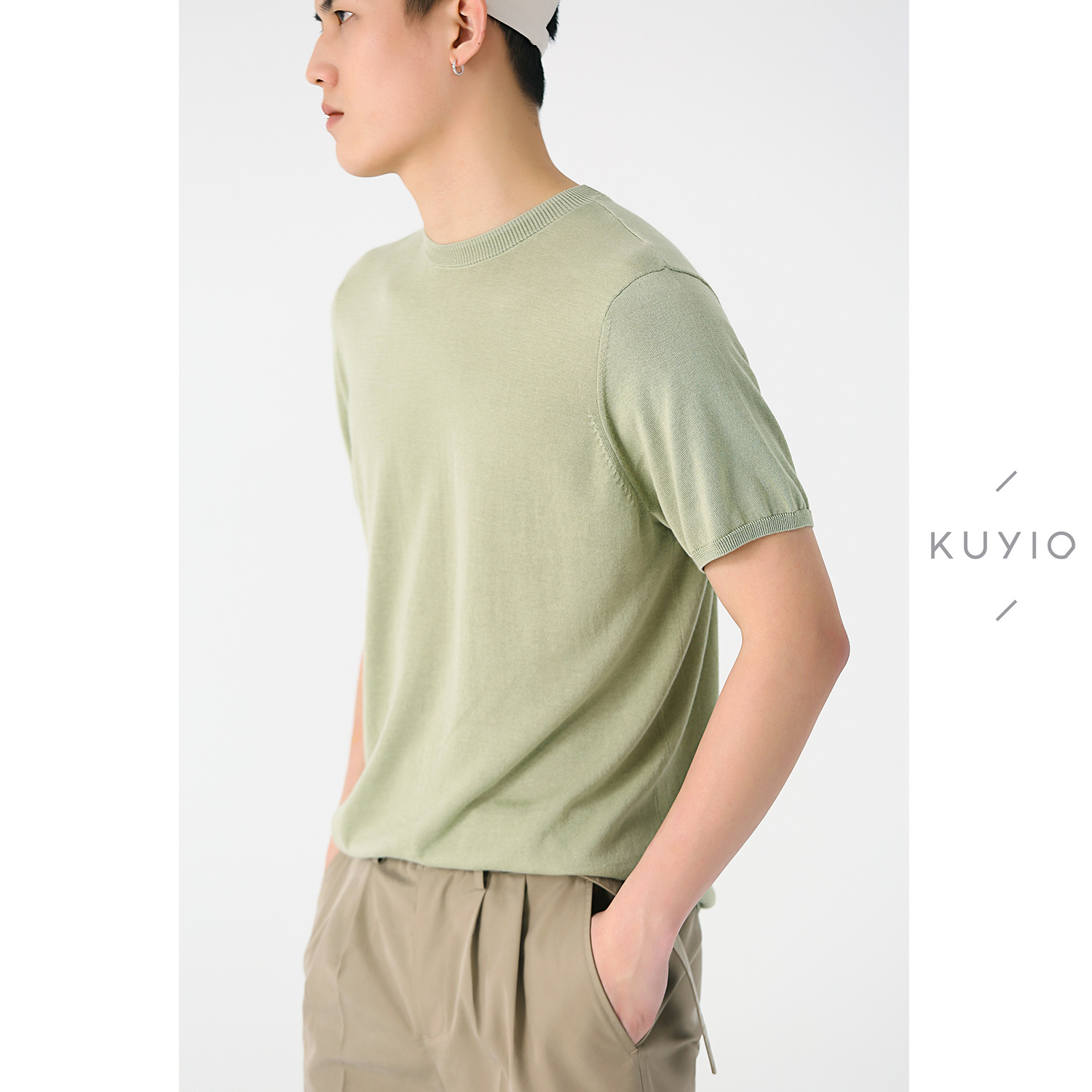 KUYIOU/设计师款 匹马棉针织宽边圆领基础纯色百搭垂顺短袖T恤男