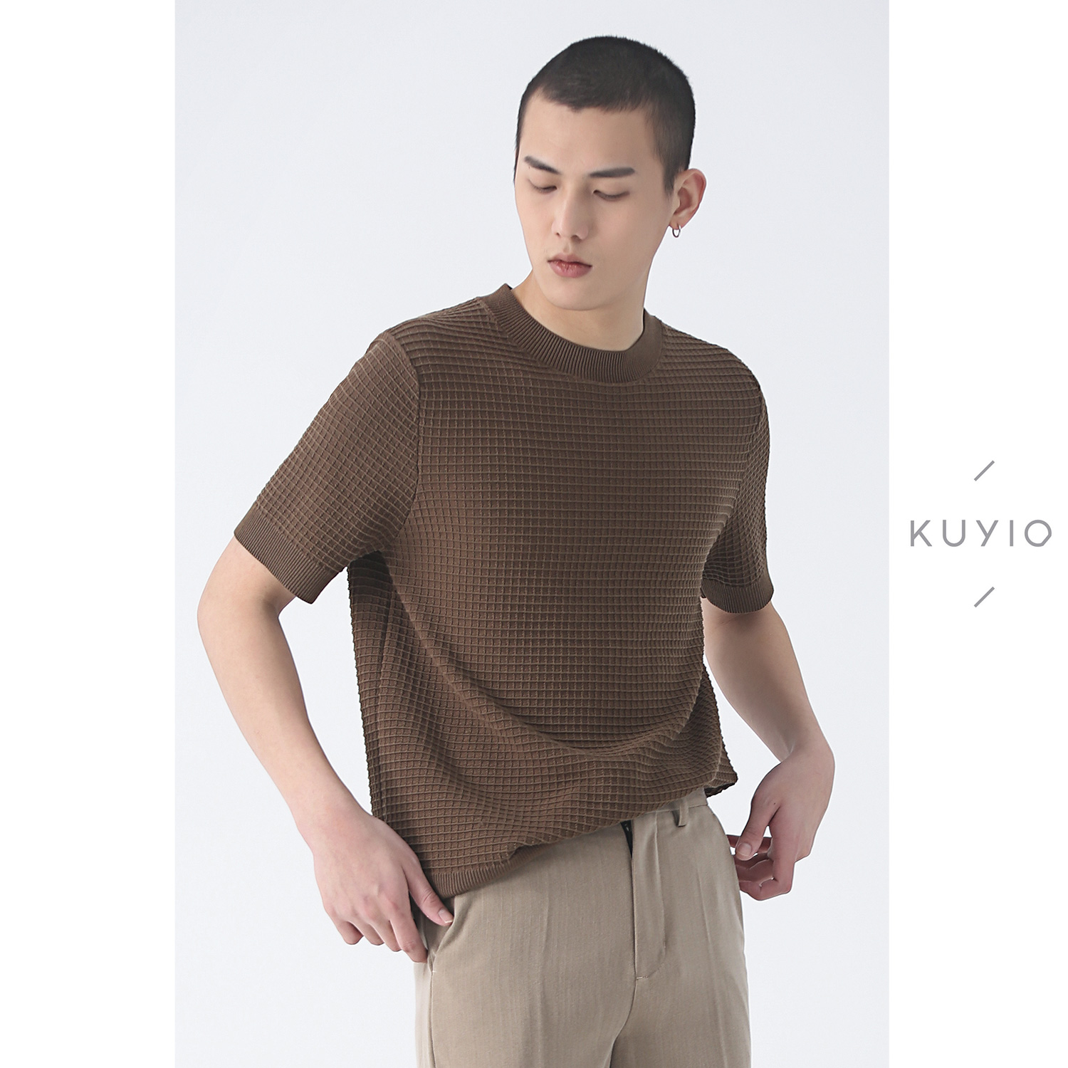KUYIOU/设计师款 32支精梳棉华夫格编织挺廓圆领针织短袖T恤男
