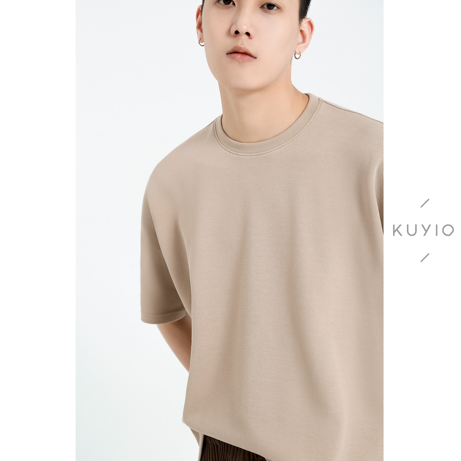 KUYIOU/设计师款 前后片立裁连肩袖高低开叉宽松珠地网眼短袖T恤