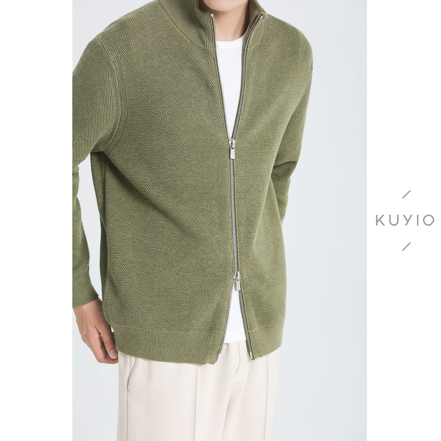 KUYIOU/设计师款 立体菠萝格提花拉链立领韩版纯棉针织夹克外套男