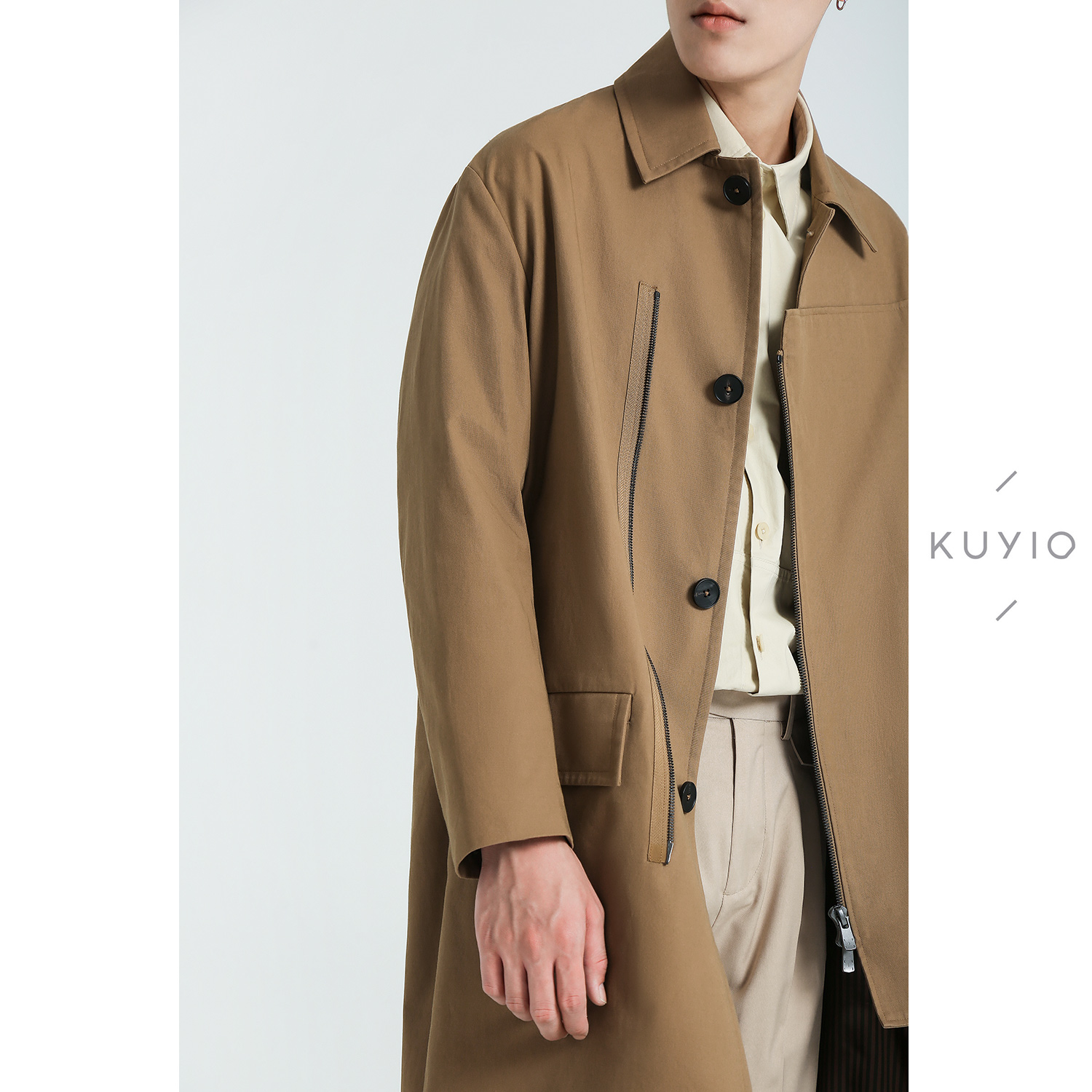 KUYIOU/设计师款 韩版纱卡侧拉链宽松廓形单排扣中长款风衣外套男