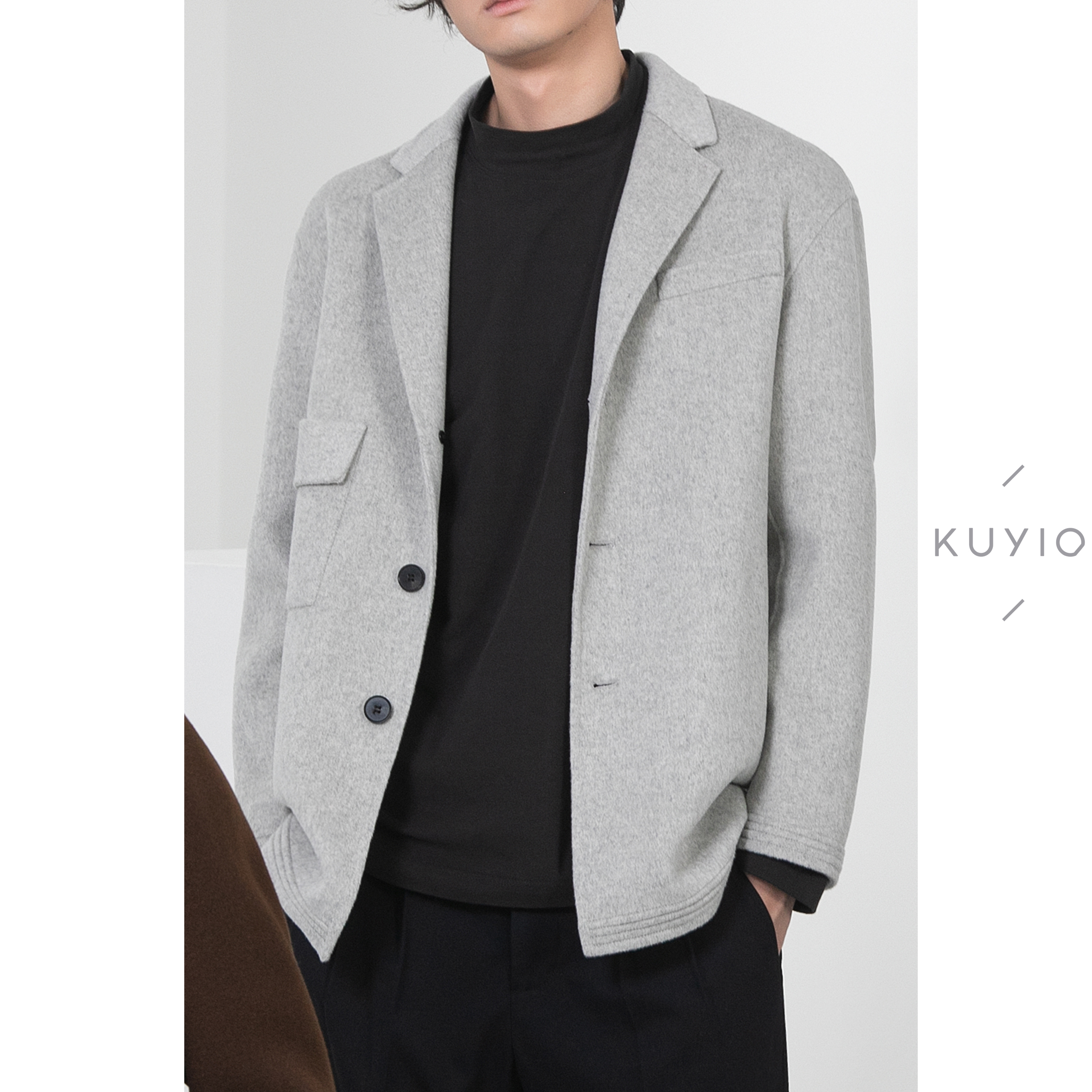 KUYIOU/手工HAND MADE三粒扣双面呢羊毛翻领短款毛呢西装外套男