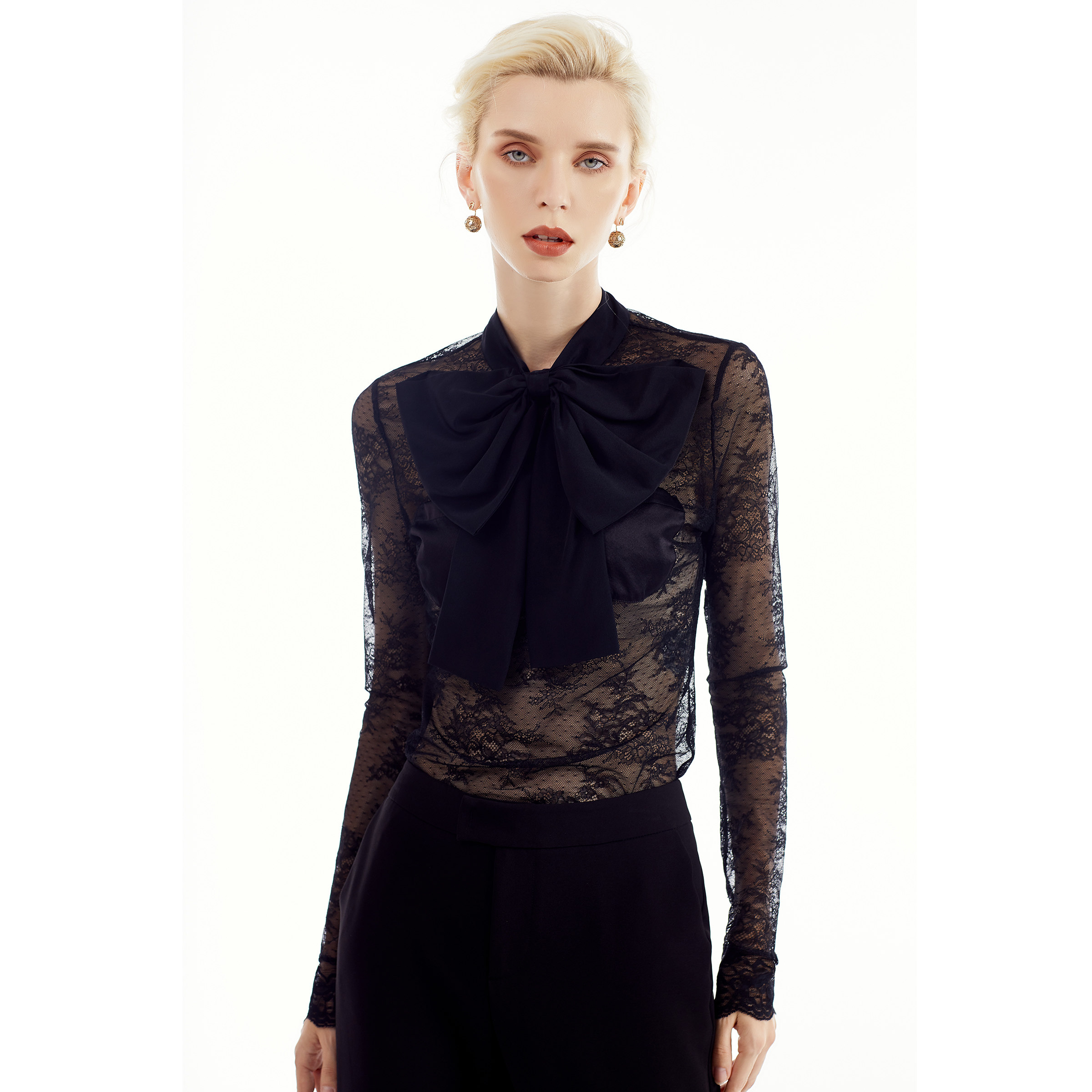 votre蕾丝洋气时尚镂空长袖衬衫透明性感原创性衬衫